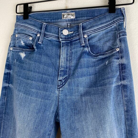 🛑SOLD🛑 Mother The Weekender Fray Jeans Size 25 Graffiti Girl Blue Mid Rise Flare - Picture 7 of 14